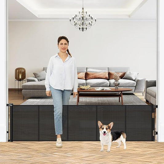 24 Inch Tall x 110 Inch Extra Wide Retractable Dog Gate for The House, Short Baby Gate to Step Over, Reinforced Mesh Puppy Gate for Doorways, Step Over Pet Gate for Stairs, Indoor/Outdoor, Black