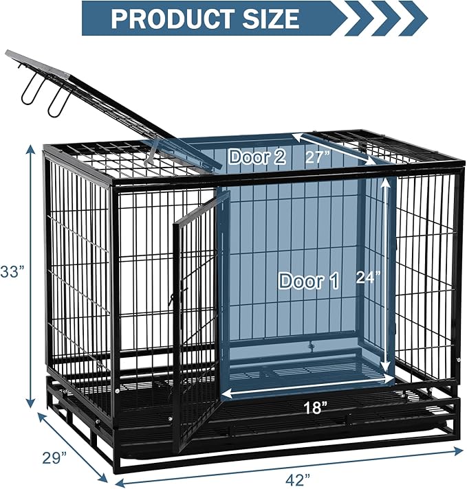 42'' Heavy Duty Dog Crate for Large Dogs Double Doors & Locks Design Escape Proof Strong Metal Dog Cage with Wheels, Indoor Large Dog Crate Heavy Duty Stackable Dog Kennel with Tray