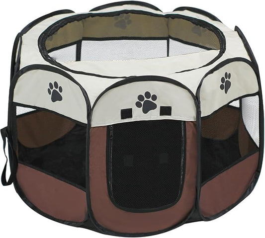 Cat Dog Playpen, Puppy Pet Playpen Indoor for Small Dog Crate Tent Cage Outdoor, Portable Pop Up Dogs Enclosure Kennel with Carrying Case for Dogs/Cats/Rabbits Brown.