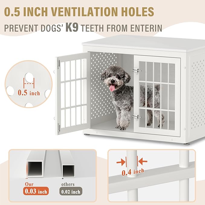 32" Heavy Duty Dog Crate Furniture for Small and Medium Dogs, Metal Kennel for High Anxiety Dogs, Chew Proof Pet Cage Indoor, Decorative Dog Kennel End Table, White
