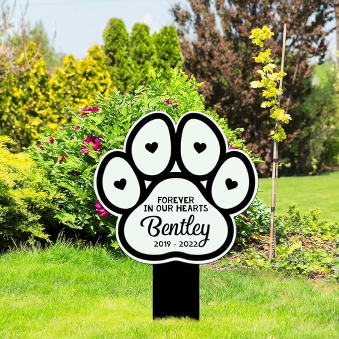 Personalized Dog Memorial Stake Pet Paw Forever In Our Hearts Metal 8x8 inch Pet Grave Marker Loss Gift Sympathy Gift for Dog Lover (Style 14)