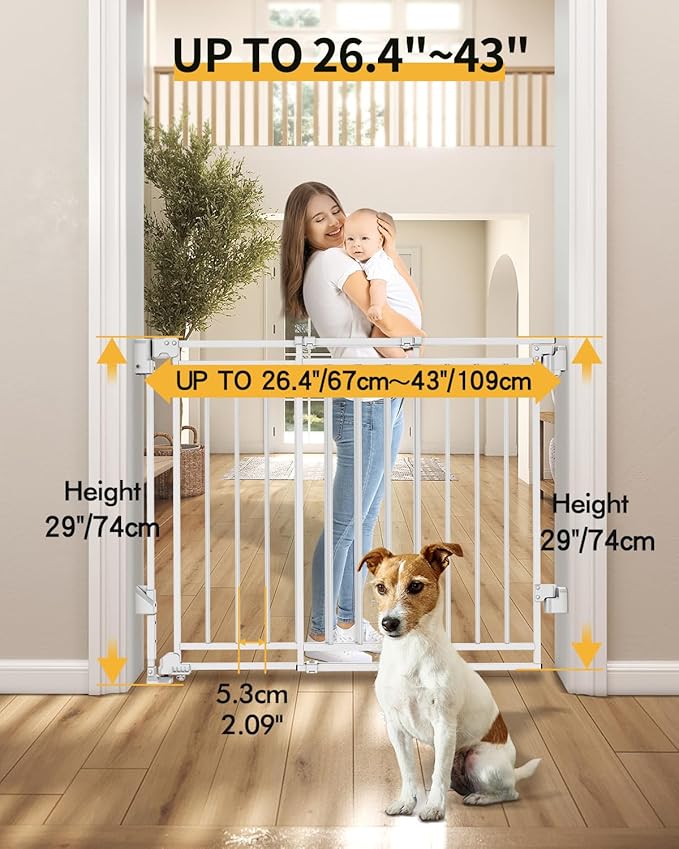 Baby Gate for Stairs, Doorways & Kitchen | 26-43" W, 29" H Extra Tall | No Bottom Bar | Hardware Mount (Drill Required) | Auto-Close & One-Handed | Walk-Thru Safety Gate for Dogs & Toddlers | White