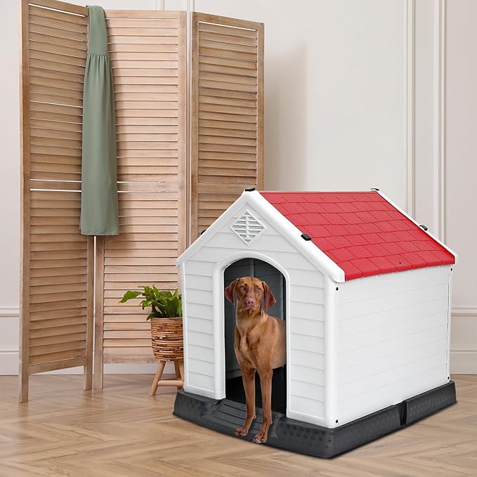 Large Plastic Dog House Indoor Outdoor Doghouse Dog Kennel Easy to Assemble Puppy Shelter with Air Vents Elevated Floor Waterproof Red