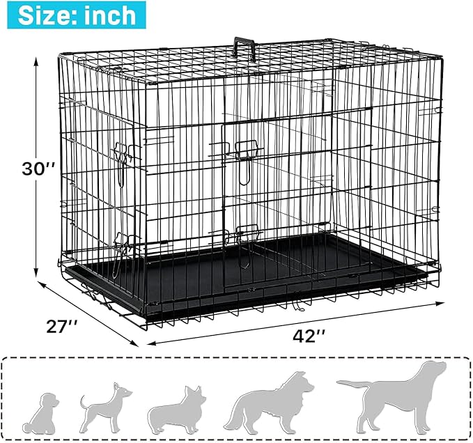 42/48 Inch Dog Crate Extra Large Double-Door Dog Kennel with Plastic Tray & Divider, Indoor Outdoor Folding XL XXL Dog Cage Pet House