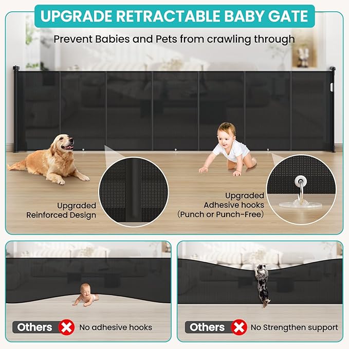 Upgrade Retractable Baby Gates Extra Wide (71" W x 42" H), 71 inch Reinforced Retractable Dog Gate to Prevent Crawling Through, Retractable Gate Outdoor/Indoor, Real One-Handed Operation, Black