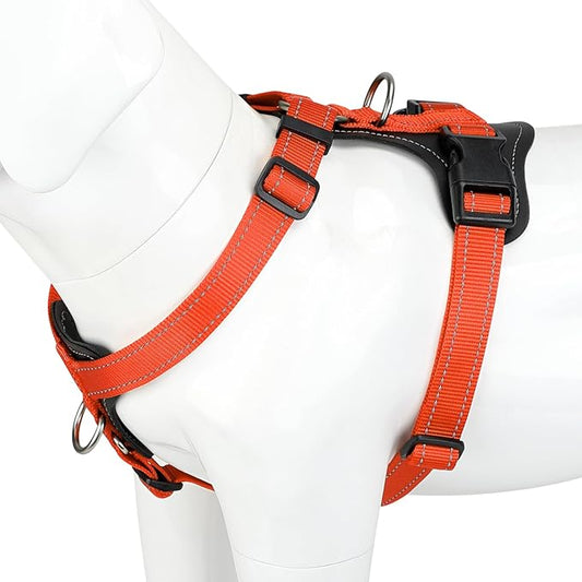 Plutus Pet Adjustable No Pull Dog Harness with Leather Accents, Heavy Duty Reflective Nylon Vest for Training, Hiking, Easy Walk Harness for Small, Medium, Large Dogs (Orange, L)