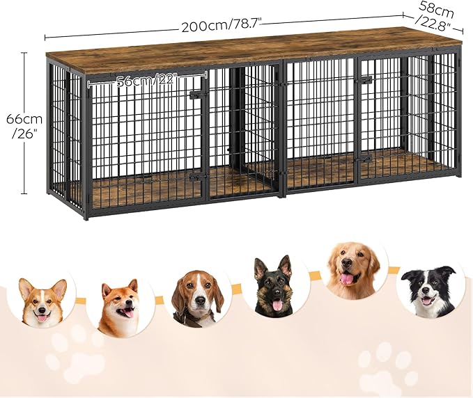 Foldable Dog Crate Furniture for 2 Dogs, 78.7'' Double Dog Kennel Indoor with Removable Divider, Heavy Duty Dog Cage, for Small/Medium/Large Dog, TV Stand, Rustic Brown DC200BR