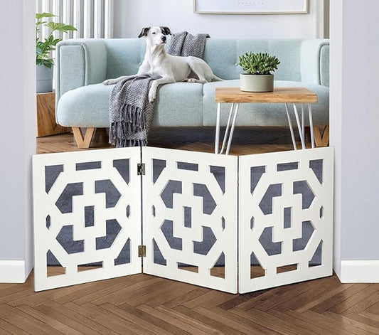 Bundaloo Freestanding Dog Gate Expandable Decorative Wooden Fence for Small to Medium Pet Dogs, Barrier for Stairs, Doorways, & Hallways