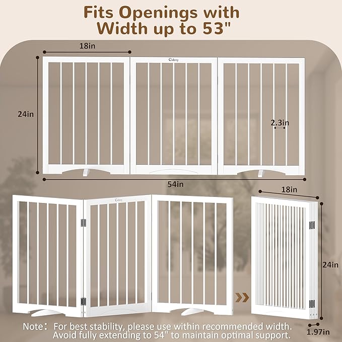 Free Standing Dog Gate Indoor, Foldable Dog Gate for Doorways Stairs Hallways, 3-Panel Freestanding Pet Gate with Support Feet for Stability, Folding Puppy Gate Easy to Move, Doggy Gate 54"x24"