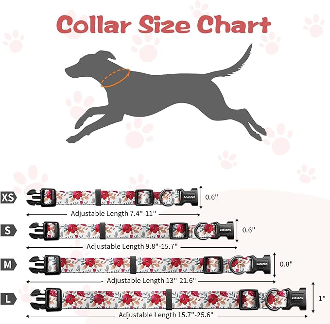 Kazazoo Dog Collar Cute and Soft Nylon Puppy Collar for Boy and Girl, Adjustable Dog Collars for Medium Large Dogs, Red Flowers-L