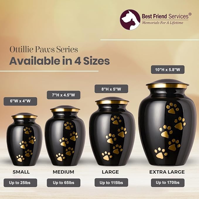 Ottillie Paws Legacy Series Pet Urn for Dogs, Handmade Brass Memorial Cremation Urn (Large - Pets up to 115 lbs, Ebony, Vertical Brass Paws)