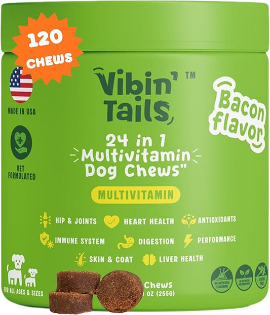 Vibin’ Tails 24-in-1 Dog Multivitamin, Glucosamine Chondroitin Hip & Joint Support, Probiotics & Omega-3, Skin & Coat - Puppy & Senior Chewable Dog Vitamins & Supplements Vet Formulated - 120ct Bacon