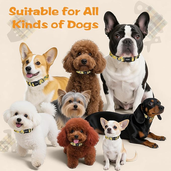 Kazazoo Dog Collar Cute and Soft Nylon Puppy Collar for Boy and Girl, Adjustable Dog Collars for Small Medium Dogs, Yellow&Blue Plaid-M