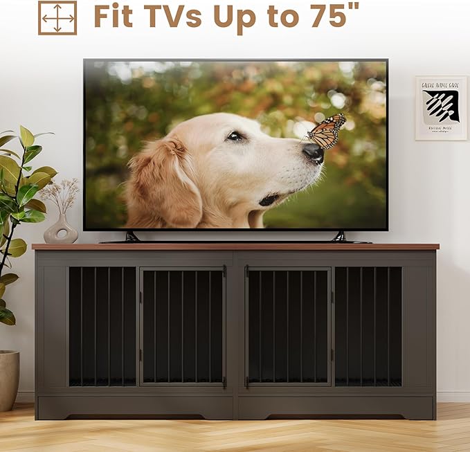 Furniture Style Dog Crate with Tray, 75" L Indoor Wooden Large Dog Kennel Furniture, Heavy Duty Decorative Dog Crate Table and Removable Divider, Black