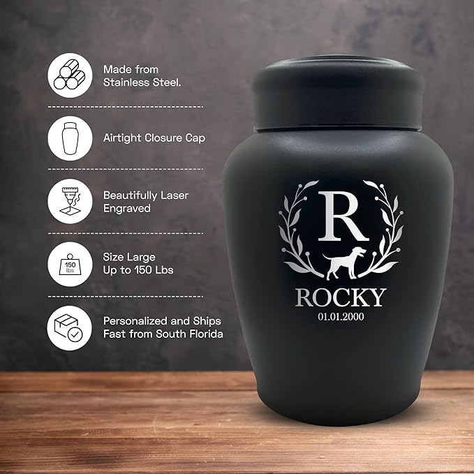 Personalized Custom Dog Urn Engraved Dog Name and Date - Stainless Steel Large Cremation urns for Dogs Ashes with Airtight Closure | up to 150 lbs Capacity | Flower Border