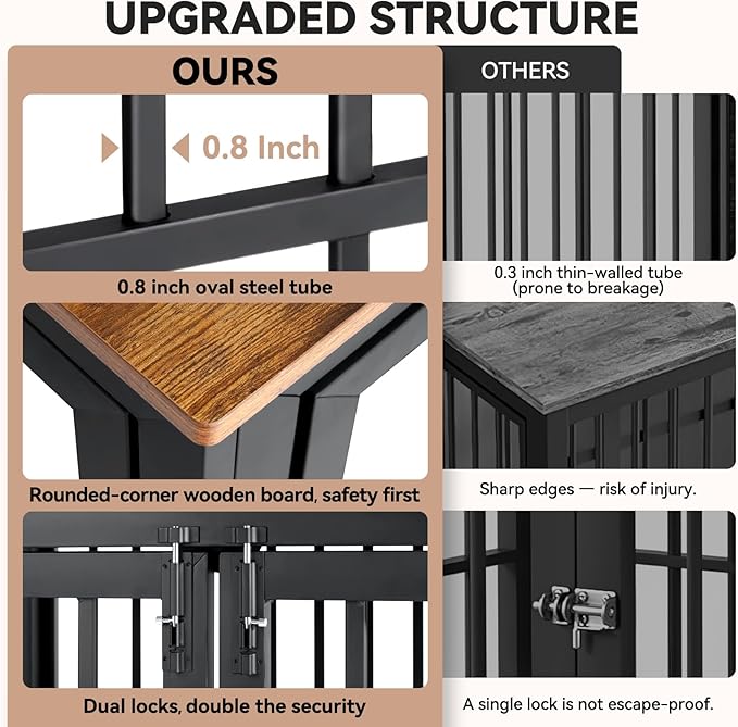 Oranland 42 Inch Heavy Duty Dog Crate Furniture,Dog Kennel Furniture Indoor for Large and Medium Dogs,Decorative Pet House End Table, 0.8 Inch Steel Tubes Wooden Cage/Max Load Capacity 300lbs/Black