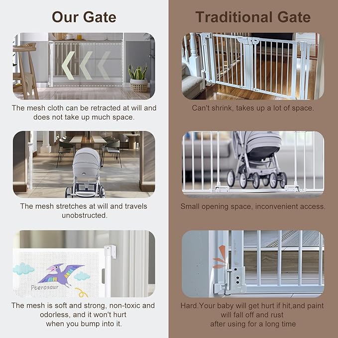 Retractable Baby Gate Kid Safety 34" Tall x 55” Wide, Mesh, for Stairs, Doorways, Dogs, Pets, Indoor, Outdoor, One-Handed Operation, Locking, Easy Install, Hardware Mount, Dinosaurs