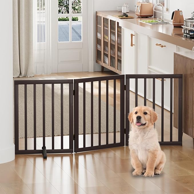 Dog Gates for Doorways, Freestanding Foldable Dog Gate Indoor, Pet Gates for Doorways Bedroom, Puppy Gate with Metal Support Feet, Room Divider 3 Panels (Brown)