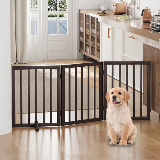 Dog Gates for Doorways, Freestanding Foldable Dog Gate Indoor, Pet Gates for Doorways Bedroom, Puppy Gate with Metal Support Feet, Room Divider 3 Panels (Brown)