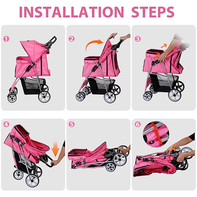 LEMY Foldable Pet Stroller,4 Wheels Cat/Dog Stroller with Weather Cover for Small/Medium Dogs and Cats,Pink Pet Strolling Cart with Storage Basket and Cup Holder