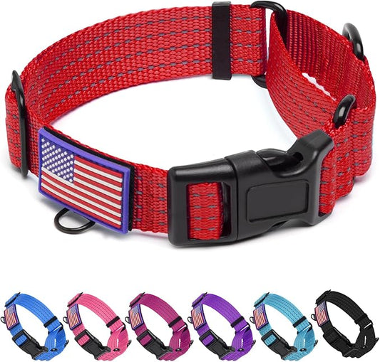 Martingale Dog Collar, Reflective No Pull Training Collar with Quick Release Buckle & USA Flag, Heavy-Duty Nylon, Adjustable for Small Medium Large Dogs (M,Red with Flag