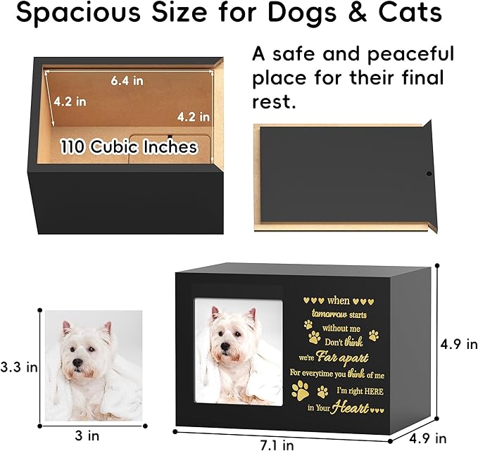 Pet Memorial Urn with Photo Frame, 110 Cubic Inches Wooden Pet Cremation Urn for Dogs & Cats, Sympathy Gift Set with Angel Figurine, Fur Keepsake Bottle & Ashes Bag