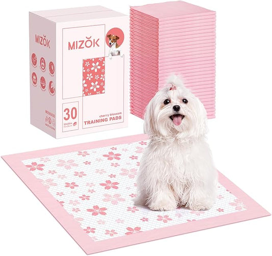 MIZOK Puppy Pads 22"x22", Pee Pads for Dogs 6-Layer Absorbency & Leak-Proof, Pink Cherry Blossom Prints, 4-Corner Adhesive Tabs, Wee Wee Pads for Small Dog Breeds (30 Counts)