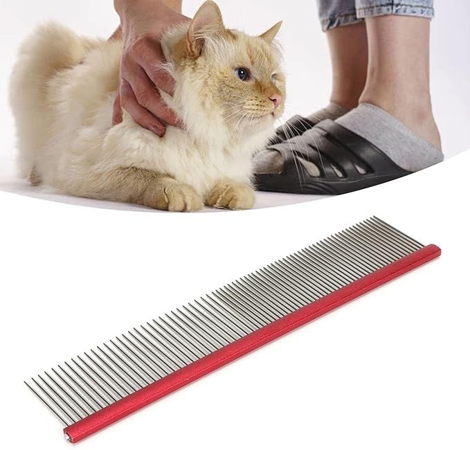 Pet Steel Comb Dogs and Cats, Professional Dog Grooming Comb For Shedding Tangles Knots, Pet Dematting Comb with Rounded Teeth and Non Slip Grip Handle for Long Haired Breeds(Red 16cm/6.3in)
