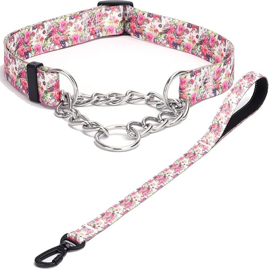 Martingale Dog Collar with Stainless Steel Chain - Limited Chain Cinch Training Collar for No Pull Training Dog - Flower Multicolor Cute Patterns - Premium No Slip Collar (XL, Peony Set)
