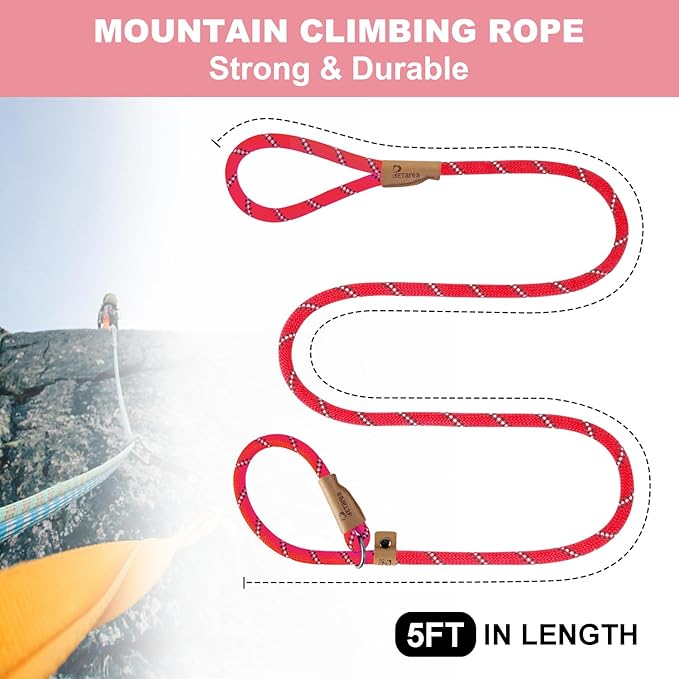 5 FT Slip Lead Dog Leash, Heavy Duty Rope Leash for Small Medium Large Dogs, No Pull Training Lead with Reflective Thread, Strong Comfortable Loop Leash (Red Stripe, Medium(3/8"))