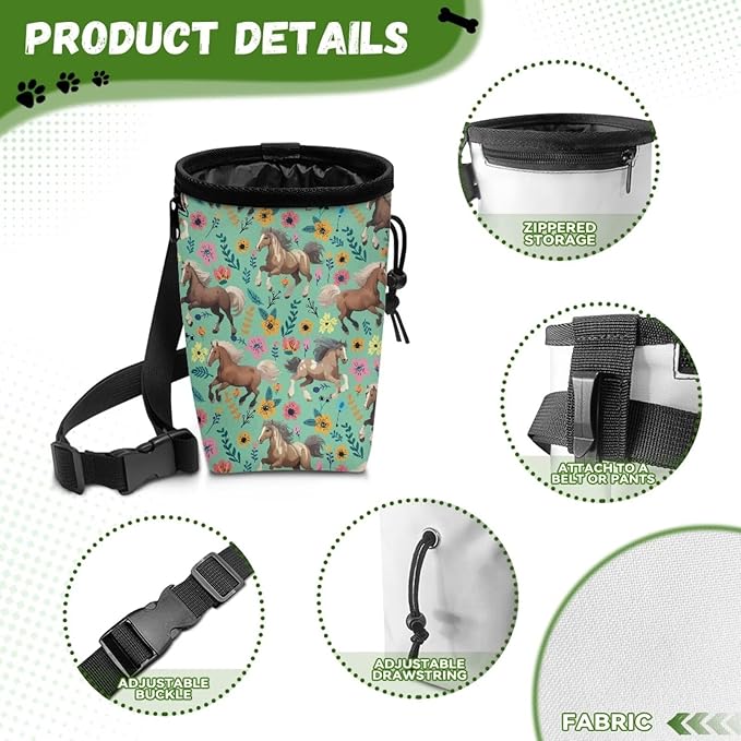Horse Floral Dog Treat Pouch Versatile Puppy Dog Training Treat Bag Dog Food Dispenser Reward Pouch Perfect for Long Walks Or Training, 3 Ways to Wear, Easily Carrying