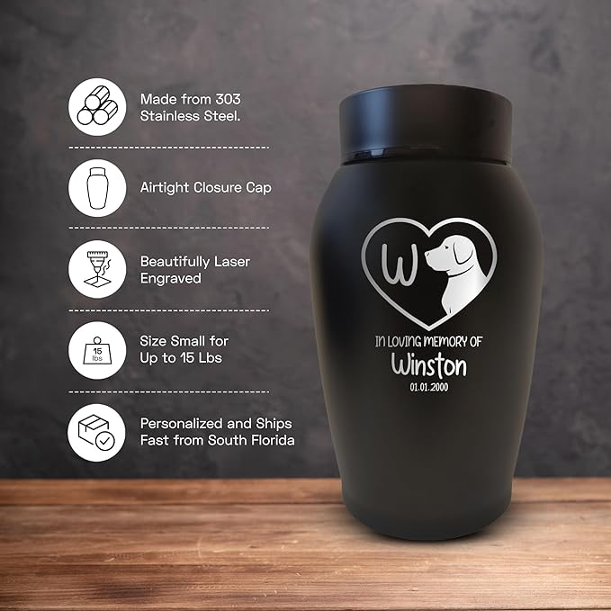 Personalized Custom Small Keepsake Urn Engraved with Pet Name, Date, and Dog Design - 5.2" Black Powder Coated Steel Cremation Urn for Dogs Ashes | 12-16 lb Capacity, Initial in Heart