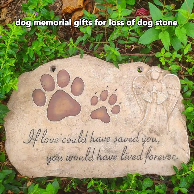 jinhuoba Pet Dog Memorial Stones Headstones Plaques with Angel, Sympathy Paw Prints Pet Dog Memorial Gifts Loss Gifts Remembrance Gift Grave Stones for Dogs or Cats Outdoors, 11" x 7.5"