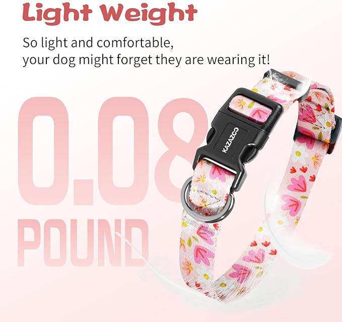 Kazazoo Dog Collar Cute and Soft Nylon Puppy Collar Girl, Adjustable Dog Collars for Medium Large Dogs, Pink Flowers-L