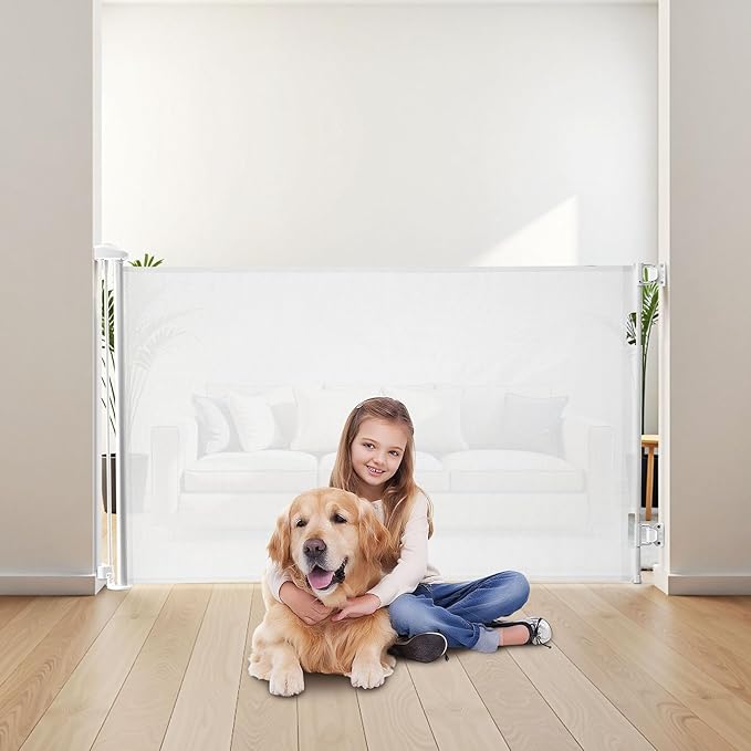 VEVOR Retractable Baby Gate, Extends to 57 inch Wide, 38.5 inch Tall, with Security Lock, Easy to Use, Walk Through Without Tripping, Mesh Dog Gate for Stairs, Hallways, Indoor/Outdoor, White