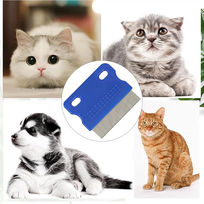 Stainless Steel Pet-Combs for Cats and Dogs, Fine Tooth Grooming Tool, Anti-Flea Combs with Non-Slip Handle, Tear Stains Remover, Blue