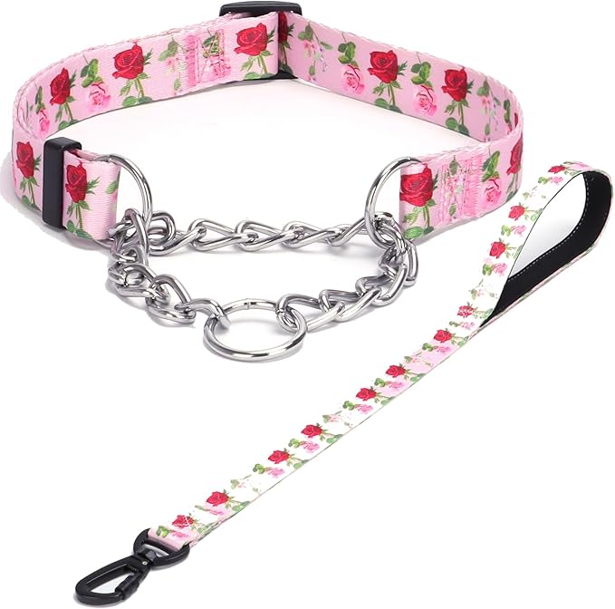 Martingale Dog Collar with Stainless Steel Chain - Limited Chain Cinch Training Collar for No Pull Training Dog - Flower Multicolor Cute Patterns - Premium No Slip Collar (L, Roses Set)