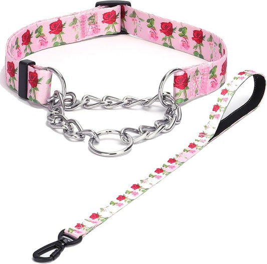 Martingale Dog Collar with Stainless Steel Chain - Limited Chain Cinch Training Collar for No Pull Training Dog - Flower Multicolor Cute Patterns - Premium No Slip Collar (L, Roses Set)