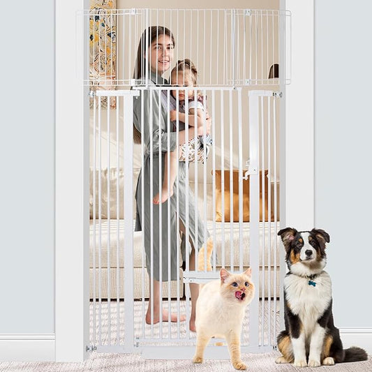 71 Inch Extra Tall Pet Gate with Small Cat Door, 29.55"-40.55" Adjustable Wide Dog Gate, Tall Cats Gates for Doorway, Stairs, House(White)