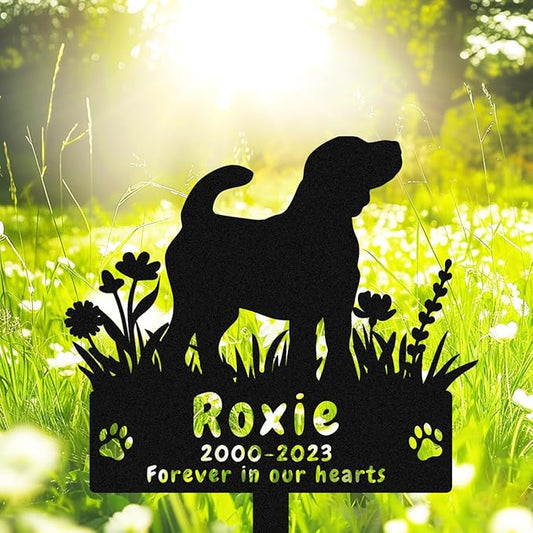 Custom Beagle Dog Memorial Grave Stake, Personalized Flowers Beagle Dog Memorial Grave Marker Headstone Metal Sign, Customized Outdoor Memorial Stake Plaque for Dog Owner Lovers