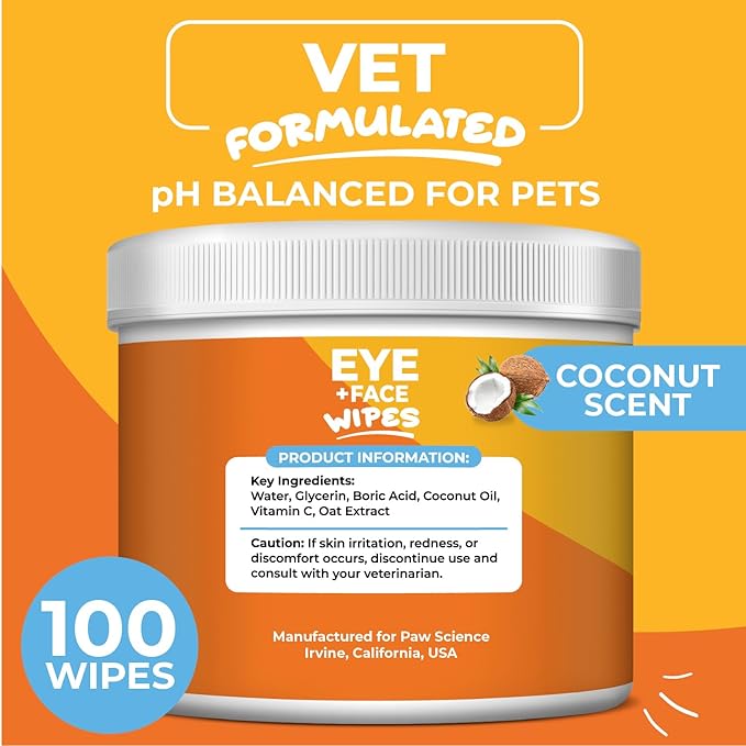 Dog Eye Wipes - Hypoallergenic Eye & Face Wipes for Dogs, Cats, & Puppy - Pet Tear Stain Remover & Cleaner - Gently Cleans & Removes Discharge, Crust, & Gunk (Coconut)