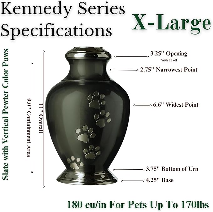 Kennedy Paws Series Pet Urn for Dogs and Cats, Handmade Aluminum Memorial Cremation Urn (Small - Pets up to 25 lbs, Slate, Pewter, Vertical, Chrome)