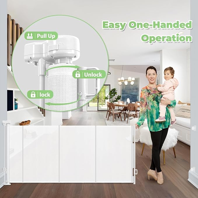 Reinforced 120 Inch Extra Long Retractable Baby & Dog Gate with Support Rods Prevents Crawling Under, 10 Ft Wide for Large Openings, Indoor/Outdoor Gate, White