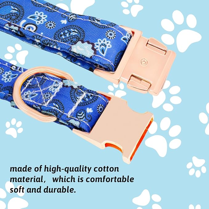 Dog Collar and Leash Set Girls Adjustable Puppy Collars with Floral Bow Tie for Small Medium Large Female Dogs, BluePaisley, L
