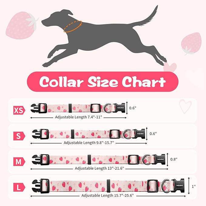 Kazazoo Dog Collar Cute and Soft Nylon Puppy Collar Girl, Adjustable Dog Collars for Small Medium Dogs, Strawberry-M