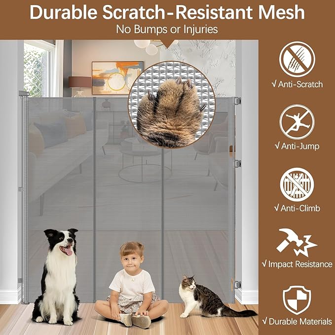 Reinforced 60" Extra Tall Dog Gates Indoor Climb Proof Cat Gate for Hallway - No Jumping Over/Crawling Under, 55" Wide Mesh Baby Gate Retractable Pet Gate, 5 Foot Extra Tall Cat Gate for Doorway, Gray