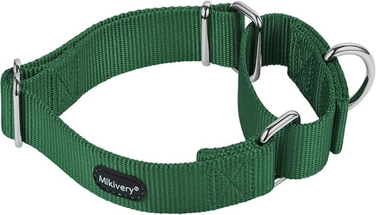 Mikivery Martingale Dog Collar Nylon Adjustable and Safety Training Colourful Comfortable Metal Buckle Pet Collars for Small Medium and Large Dogs(Dark Green,L)