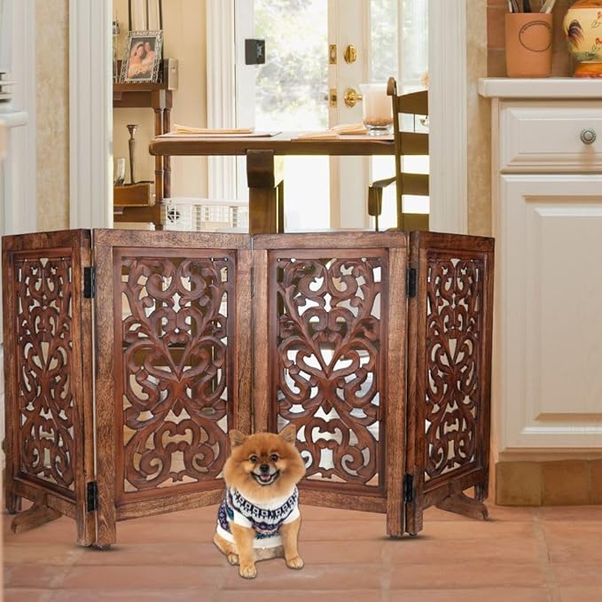 Decorative Wooden Pet Gate, Dog Fence, Cat Gate, Foldable, Adjustable, Portable, Extra-Wide, Wooden Dog Barrier, Free-Standing Puppy Gate 4 Panels for Indoor, Doorways, Stairs-26x52 Inch Burnt Antique