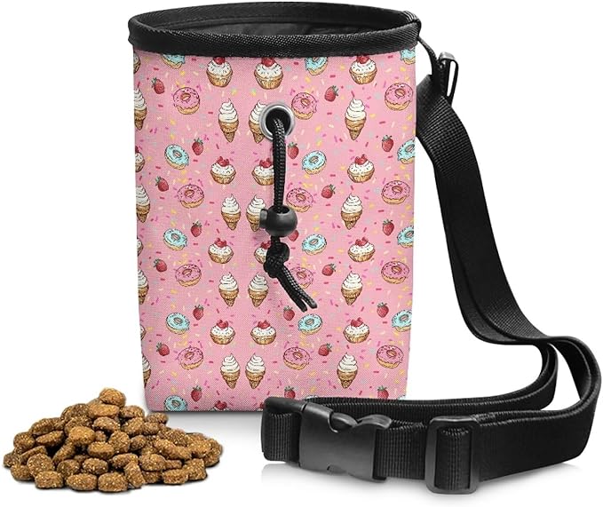 Donut Ice Cream Animal Walking Snack Container Dog Treat Bag Drawstring Closure Pouch Training Treat Bag for Pet Food Toy, Pet Feed Snack Reward Pocket with Waistband