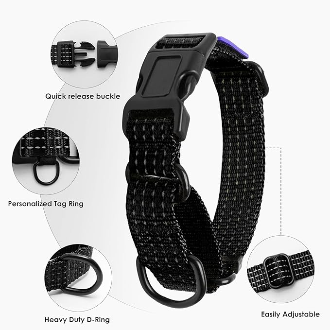 Martingale Dog Collar, Reflective No Pull Training Collar with Quick Release Buckle & USA Flag, Heavy-Duty Nylon, Adjustable for Small Medium Large Dogs (L,Black with Flag